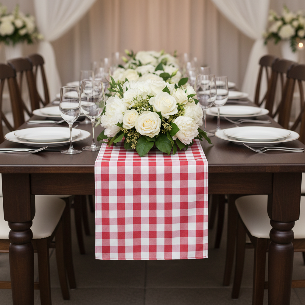 Gingham Checkered Polyester Table Runner - Red & White