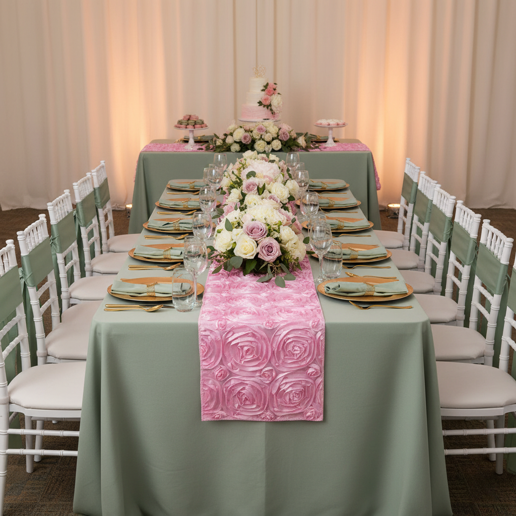 Wedding Rosette Satin Table Runner - Medium Pink