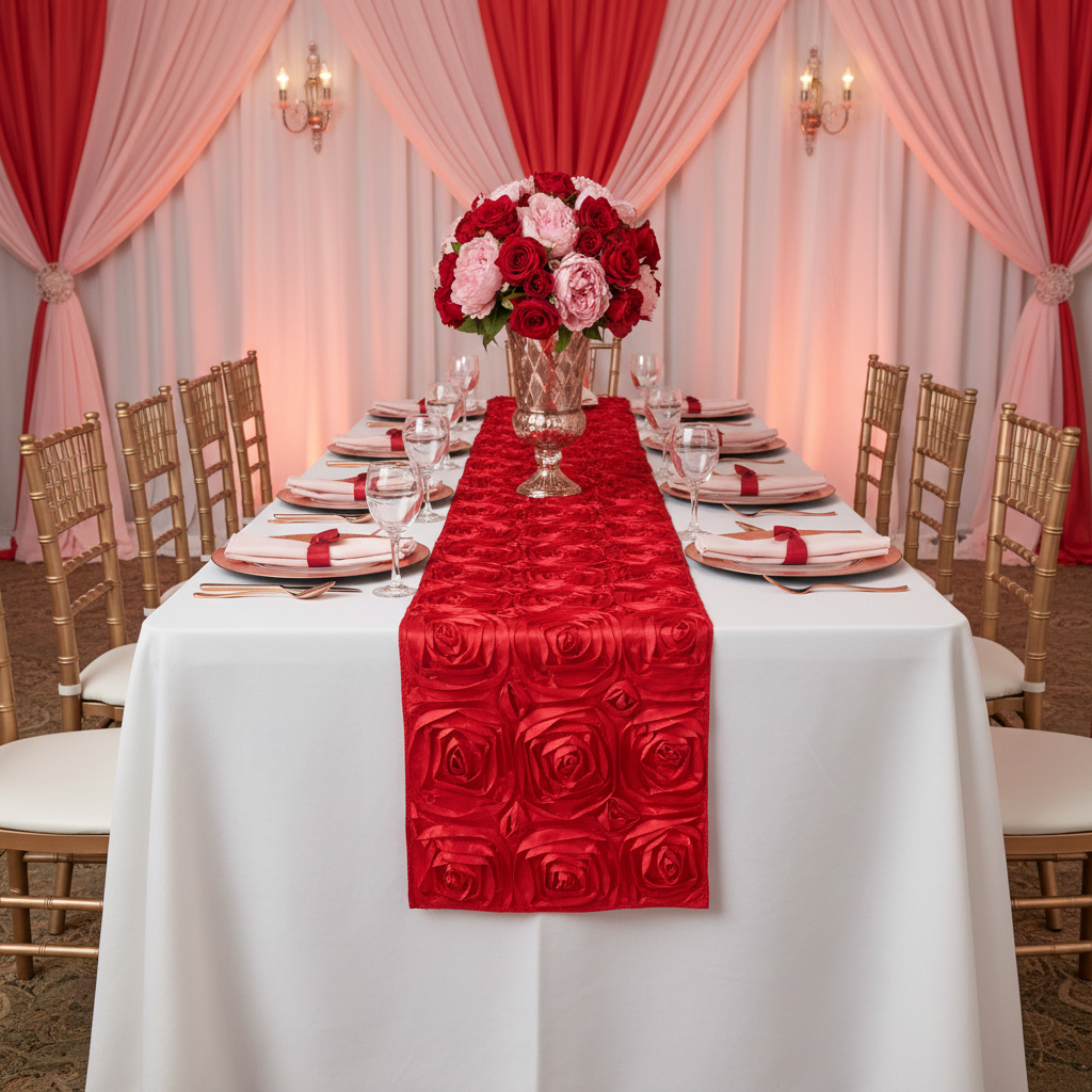 Wedding Rosette Satin Table Runner - Red