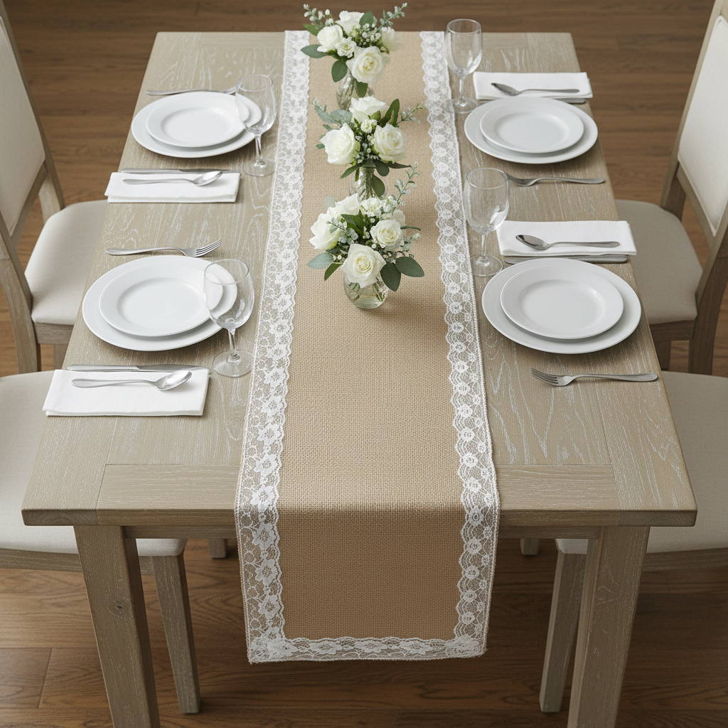 Burlap Lace Table Runner 13"x108" - Natural & White