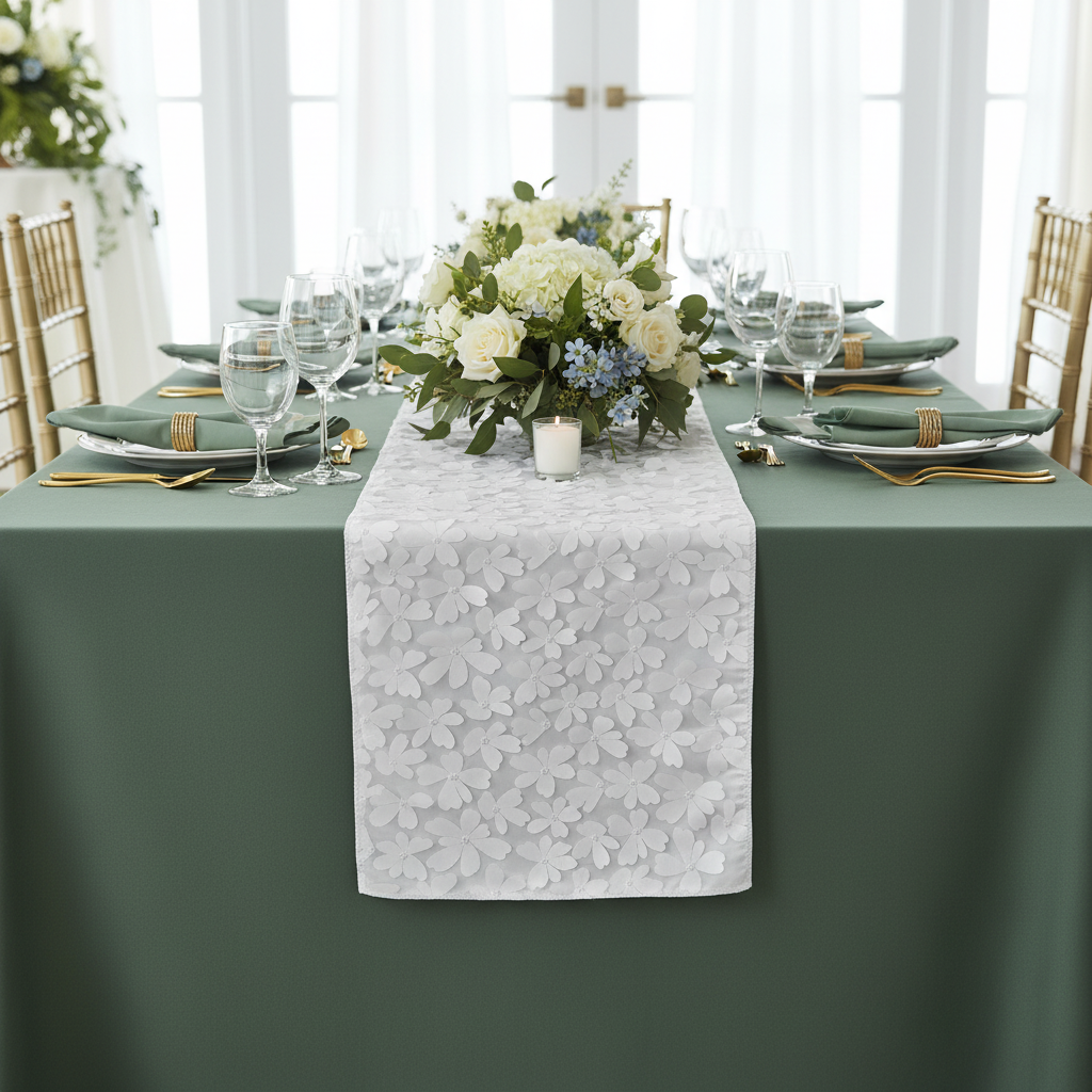 Flower Petal Taffeta Table Runner - White