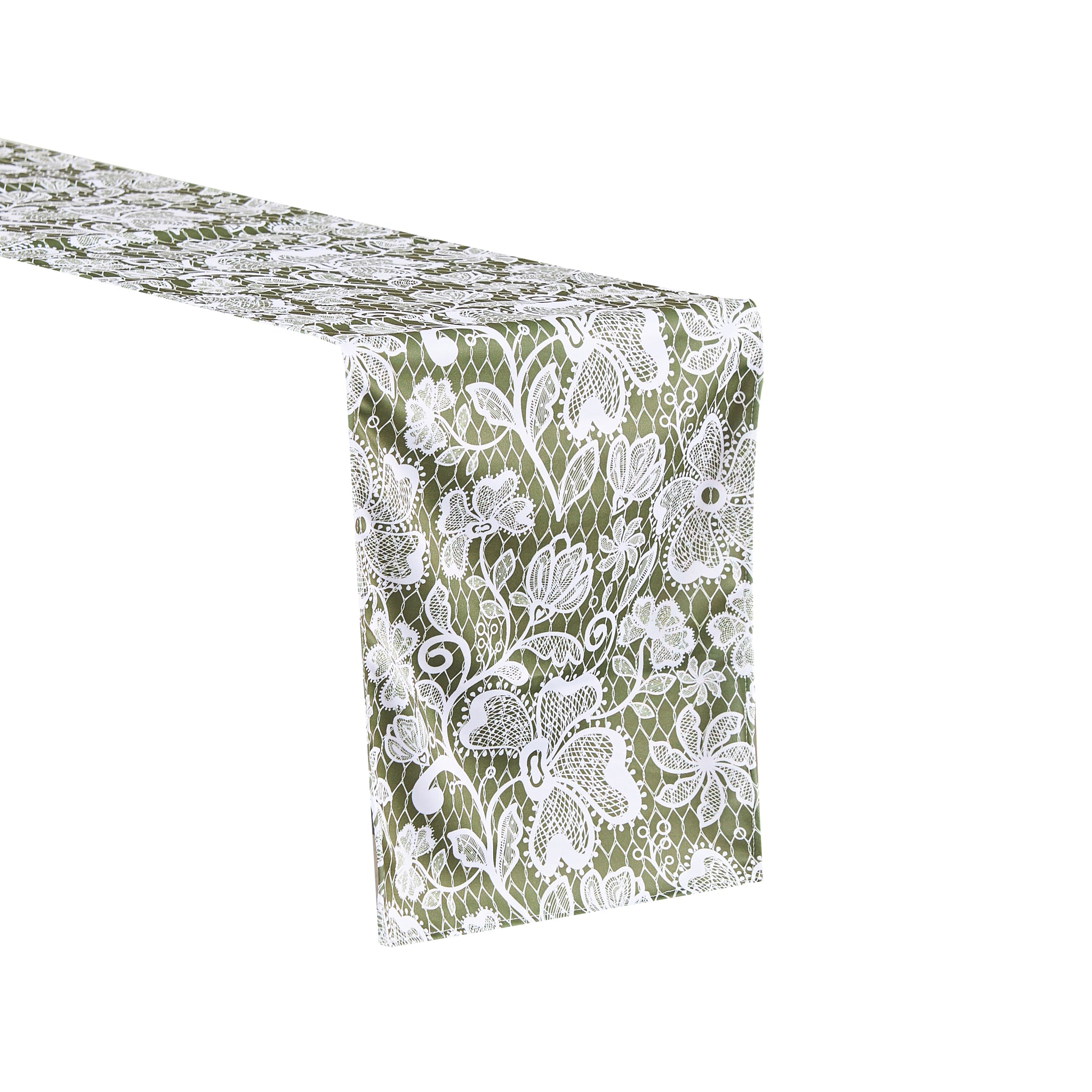 Vintage Lace Print Scuba Table Runner - Olive Green/White