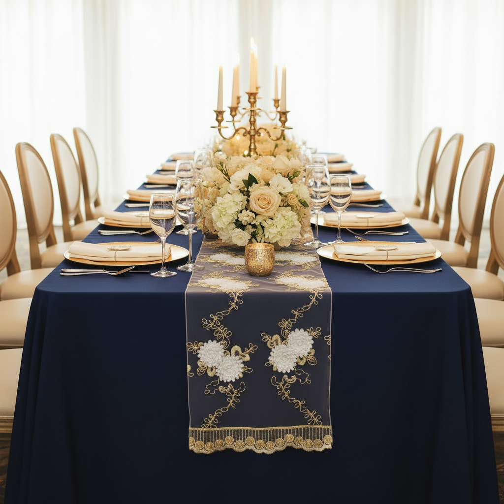 Vintage Veil Embroidery Table Runner - Gold/Ivory