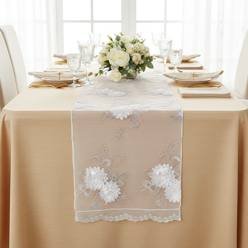 Vintage Veil Embroidery Table Runner - White